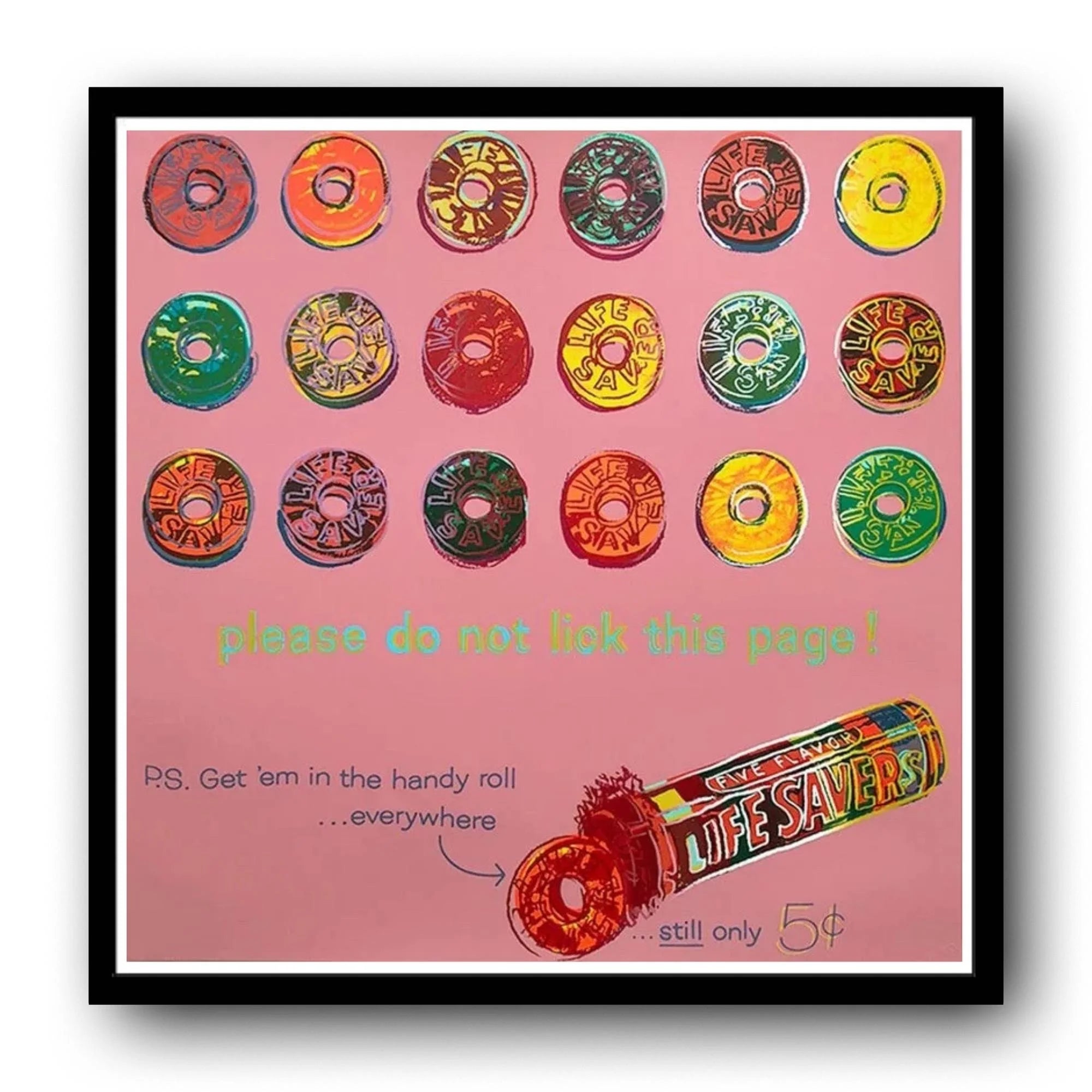 Framed poster with colorful lifesaver-shaped candy on a pink background, featuring text and a Life Savers candy roll.
